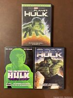 Front cover of three Hulk-themed DVDs: Planet Hulk 2-Disc Special Edition, The Incredible Hulk (2008) movie, and The Incredible Hulk 2 Full Movies containing The Incredible Hulk Returns and Trial of the Incredible Hulk.