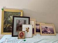 Seven framed wall art pieces arranged on table including a large painting, various photographs, and pressed flower art.