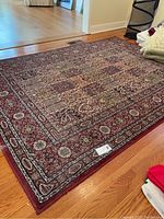 Full view of the rectangular area rug on hardwood floor showing overall pattern and size.