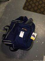 Large blue Biaggi travel bag with white piping on concrete floor next to a patterned mat