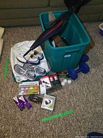 Green plastic tote bin with lid, partially open, showing contents inside including shoes, golf balls, blue dumbbells, umbrella, hats, and towels. Items arranged on carpet.