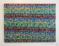 Full frontal image of the colorful abstract acrylic painting on canvas showing horizontal patterned bands in shades of blue, teal, purple, and yellow.