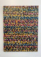 Abstract acrylic painting on canvas with dense layered curved strokes creating textured pattern of black over blue, yellow, red, and beige colors.