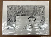 Frontal view of the Arnold Shives etching self-portrait wrapped in plastic, showing the full artwork including detailed background and figure.