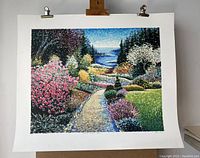 Full view of the colorful serigraph print showing garden path, flowers, trees, and water.
