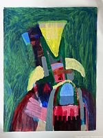 Photo of an abstract portrait with green background and yellow triangle shape on top, signed by Dana Hatchett