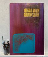 Front view of the large abstract acrylic painting on canvas showing the main design with purple background, turquoise and gold rectangles.