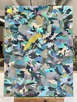 Full view of the large abstract acrylic painting on canvas showing varied brush strokes and color patches in teal, aqua blue, lavender, grey, black, beige, and yellow