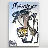Front view of large acrylic painting depicting abstract expressive figure signed 'Menno'