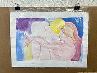 Frontal photo of the signed nude watercolour painting showing the seated female figure in profile with colorful background blocks and signature.