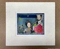 Full view of the mounted mixed media artwork featuring two abstract figures and a colorful flower on a blue background.