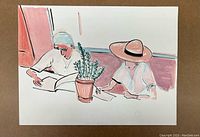 Full artwork showing two figures reading at table with a plant in front