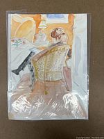 Full view of the watercolour painting showing person reading in chair inside room, covered in plastic wrap