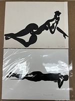 Photo showing both ink drawings of nude female figures by Ben Schonzeit in plastic covers on brown surface.