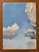 Close-up of one oil pastel cloud artwork on paper showing blue sky with soft white clouds, condition and texture visible.
