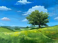 Close-up photo of the acrylic landscape painting showing details of the tree, grassy hill, and sky with clouds.