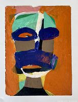 Orange-background abstract portrait with geometric shapes in green, blue, brown, and white on paper