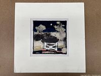 Square mixed media artwork mounted on white paper showing night scene with tree and moon.