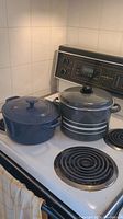 Two Dutch ovens on stove, one dark blue Cuisinart, one larger black and white striped steel