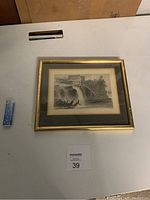 First framed print of a mill on the Rideau River by W.H. Bartlett in gold frame with glass, showing the waterfall and surrounding trees.