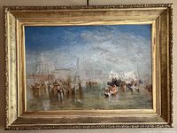 Full frontal view of the framed oil on canvas painting depicting Venice harbor scene