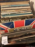 Photo of a collection of vinyl LP albums stacked vertically in a cardboard box or storage container with visible album spines and covers including 'Most Popular','Charley's' and others.