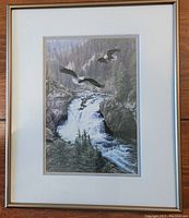 Full view of the framed print showing the artwork of eagles flying over a waterfall.