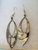Pair of silver earrings with marquise-shape and abalone shell inlay, hooks for wearing