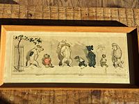 Framed vintage dog print showing six dogs and one sheep anthropomorphic figures walking upright.