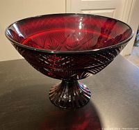 Large deep red glass footed bowl showing detailed cut and pressed glass patterns.