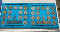 Front of two blue card sets showing commemorative coin medallions of Canadian Prime Ministers 1867-1970 from Shell dealers across Canada.