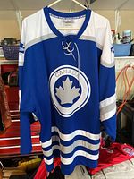 Front view of blue Team Canada hockey jersey with white and grey stripes and maple leaf logo on chest.