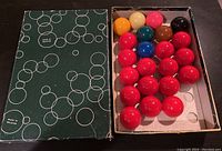 Top view showing all snooker balls arranged neatly in original box.