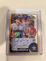 Image shows the Jake Meyers Topps Gold Label rookie autograph baseball card in a clear plastic protective case.
