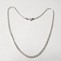 Full view of the silver chain necklace laid flat showing chain design and clasp.