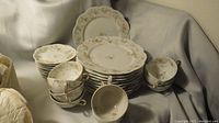 Photo showing the full set of dinner plates, cups, and saucers arranged together highlighting the pattern and shapes of the pieces.