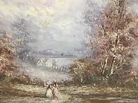 Full view of the signed landscape painting depicting a lake, figures, houses, and trees in muted tones.