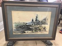 Framed watercolour landscape painting with matting and wooden frame