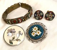 Full view of entire four-piece mosaic jewelry lot including bracelet, earrings, and two brooches