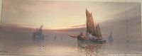 Full view of the framed watercolour painting showing boats sailing on calm water at sunset with a damaged frame.