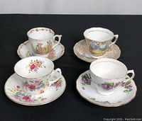Photo showing four vintage teacups and saucers, top view and angled side view.