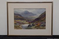 Full view of the framed watercolor landscape painting showing the valley, stream, cows, and mountains.