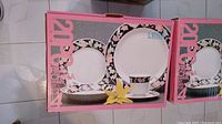 Boxed set of Regent China Lena B 20-piece fine china dinner set showing floral design on plates and cup