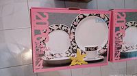 Photo of boxed 20-piece Regent China Lena fine china dinner set showing pattern and packaging