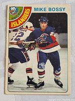 Front of 1978 O-Pee-Chee Mike Bossy rookie card showing player in Islanders uniform.