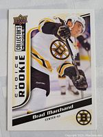 Front view of the Upper Deck Choice Rookie Brad Marchand hockey card in Boston Bruins uniform.