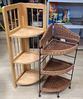 Full view of both corner shelves showing wooden folding shelf on left and rattan wrought iron shelf on right