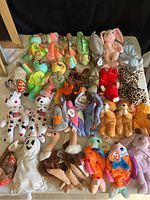 Full view of all 29 Beanie Babies including a variety of animal characters and colors, mostly with attached hang tags.