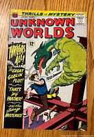 Front cover of Unknown Worlds #46 comic showing boy fighting goblin, with price of 12 cents and comics code approval.