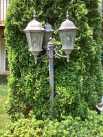 Full view of outdoor double lamp post against green shrub with two lantern lamps and pointed finials.